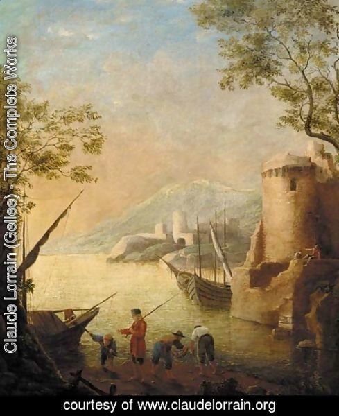 Claude Lorrain (Gellee) - A harbour at sunset with fishermen by the shore