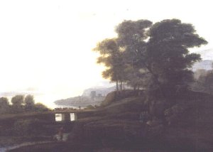 Landscape with cattle and goats crossing a bridge