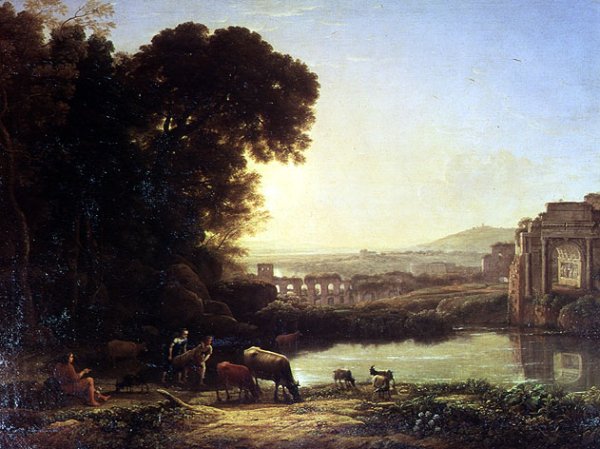 Cattle and Goats drinking by a ruin