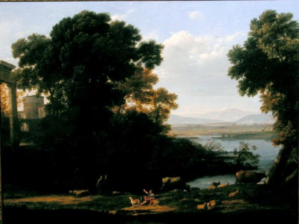 Classical river scene with a view of a town