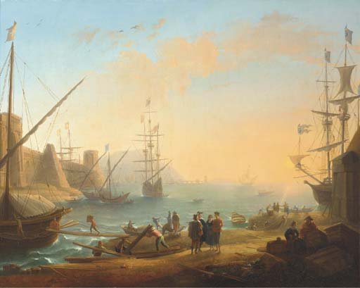 A Mediterranean harbour with shipping and merchants on the shore