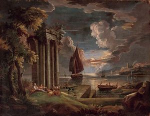 A Mediterranean coastal landscape at twilight with shepherdesses and their goats at rest by classical ruins, shipping beyond