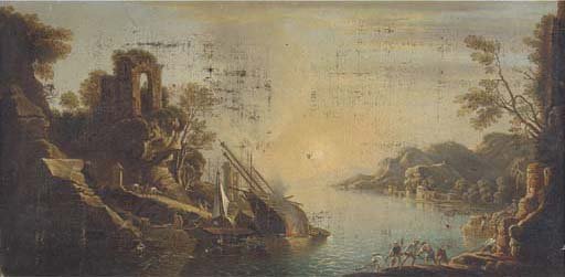 A capriccio of a Mediterranean coastal inlet with shipping and fisherman pulling in the catch