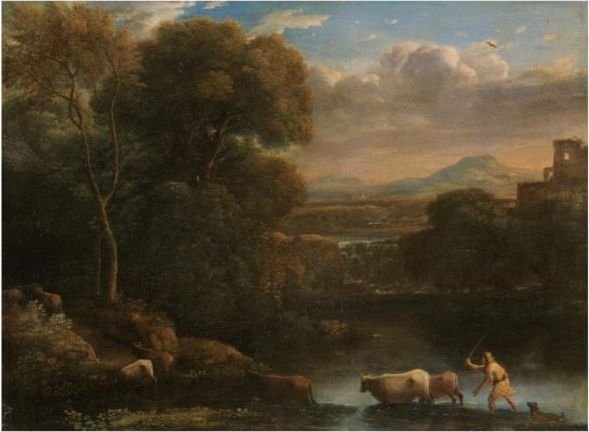 An Italianate Landscape With A Drover And His Dog Driving His Cattle Across A Ford, A Waterfall Beyond