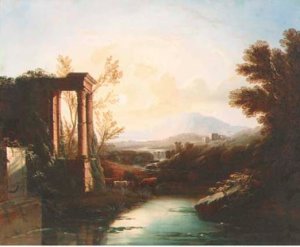 An Italianate landscape with a shepherd and cattle by classical ruins