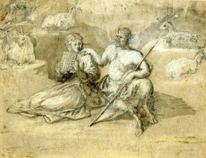 Drawing of a satyr, a girl and goats