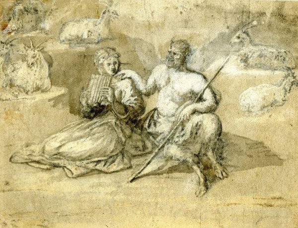 Drawing of a satyr, a girl and goats