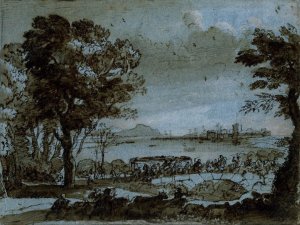 Coast scene with a battle on a bridge